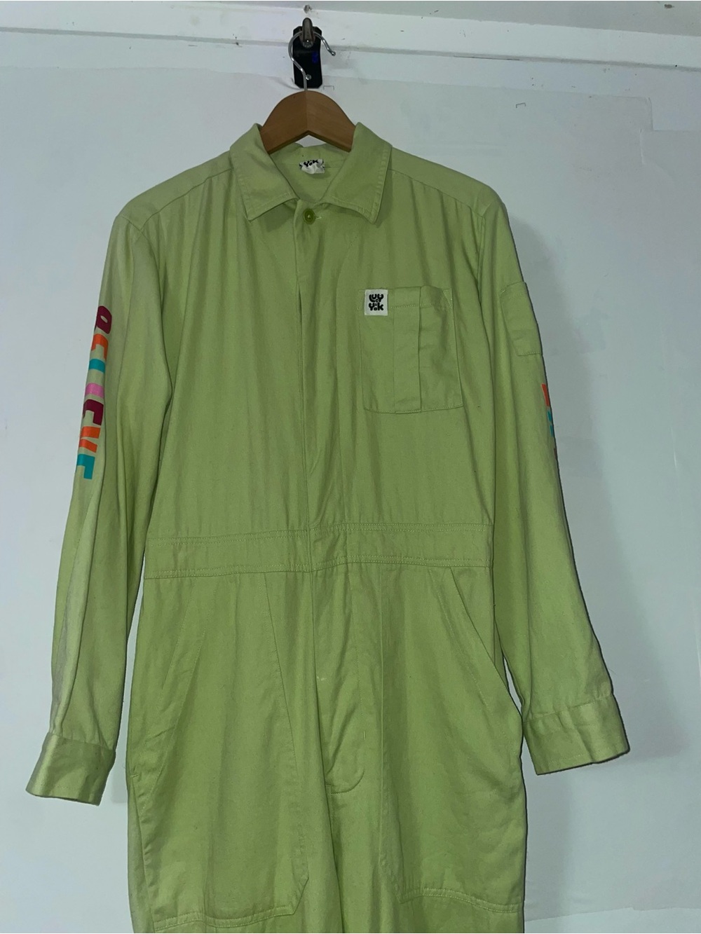 Lucy & Yak Lime Green Utility Jumpsuit with Pink Cuff Detail